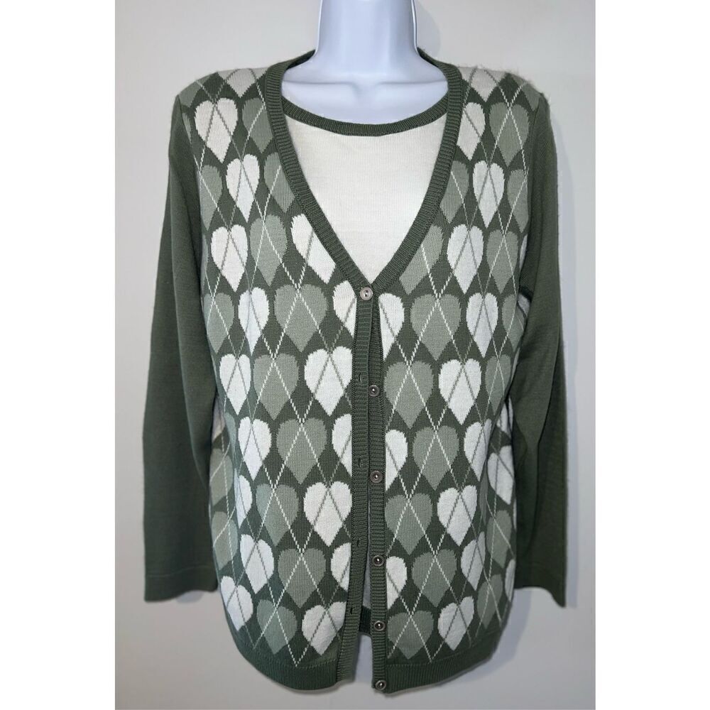 Women’s 2in1 Green Hearts Argyle Pattern Sweater SMALL